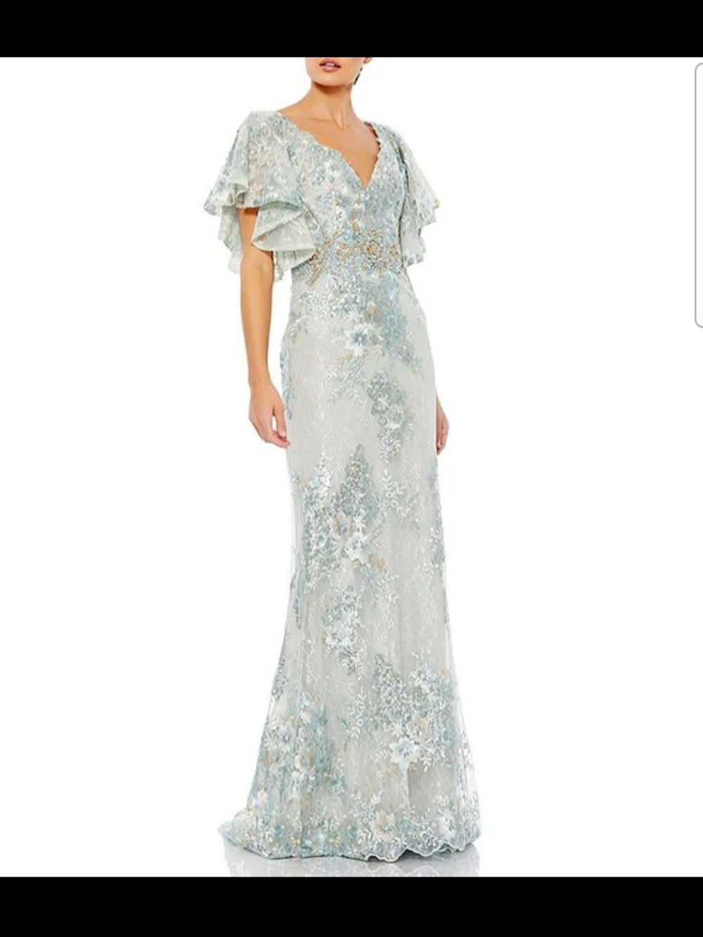 Mac-Duggal-V-Neck-flutter-sleeve-embroidered-lace-column gown - Picture 4 of 4